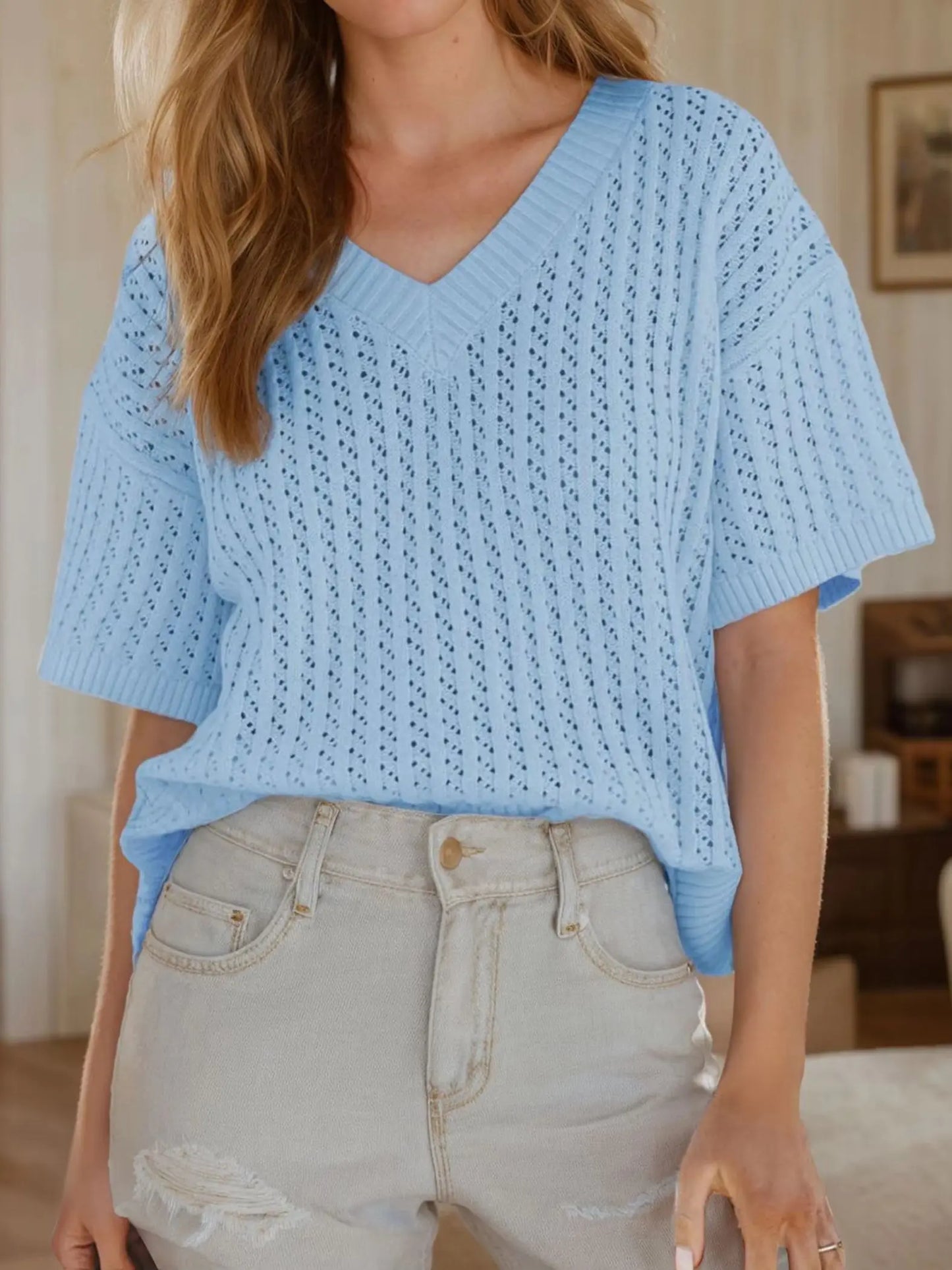 Fashion Tops Unique Design V-Neck Knitted Commuter Short-Sleeved T-Shirt Casual All-Match tops, Women's Clothing