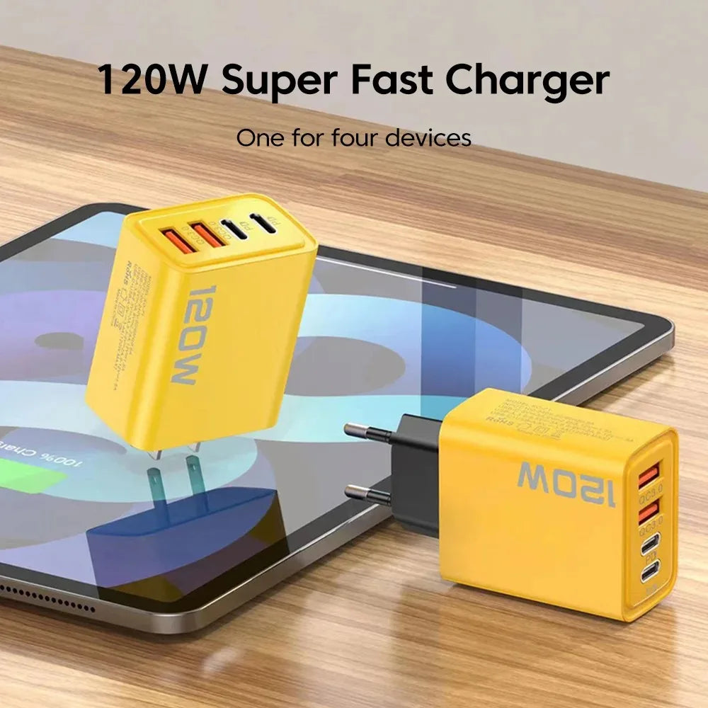 Total 120W 4 Port USB Type C Charger Fast Charging Data Cable USB Phone Charger Adapter for Samsung IPhone Xiaomi Wall Charger