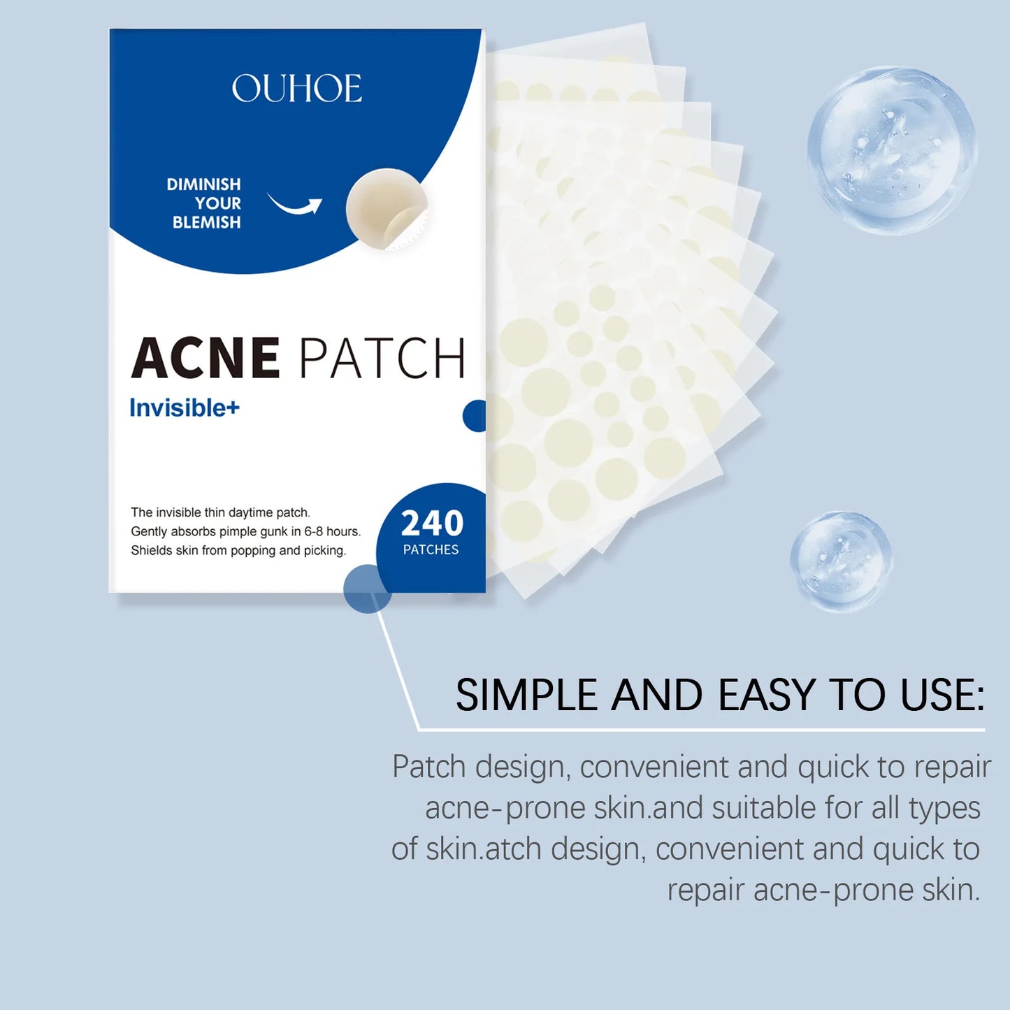Ouhoe 240pcs Invisible Acne Patches Face Spot Scar Care Pimple Remover Waterproof Acne Healing Concealer Covering Face Stickers