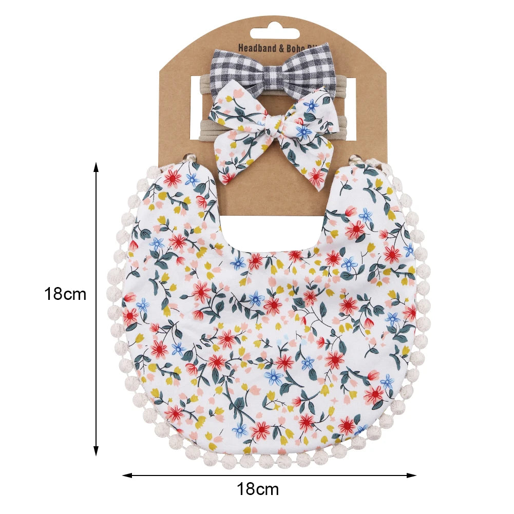 3Pcs/Set Flower Print Cotton Linen Baby Boy Girl Bibs Elastic Nylon Headband Double-Deck Saliva Towel Feeding Bandana Apron Burp