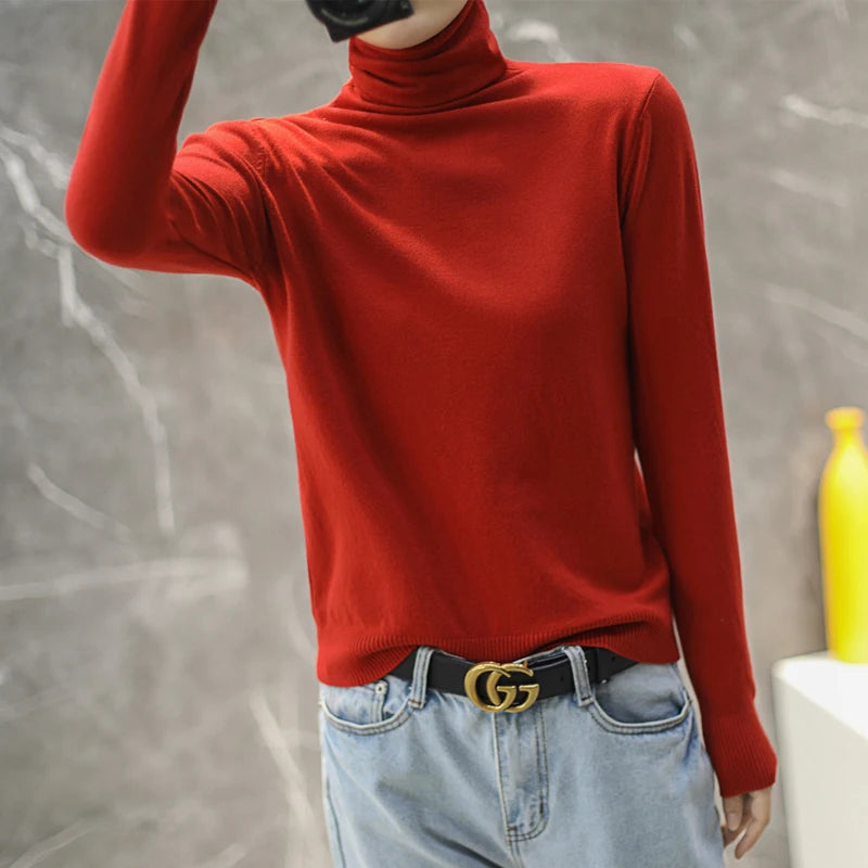 Turtleneck Women Sweater Autumn Winter Warm Bottiming Shirts Korean Fashion Long Sleeve Pullovers Slim Fit Casual Warm Knitwears
