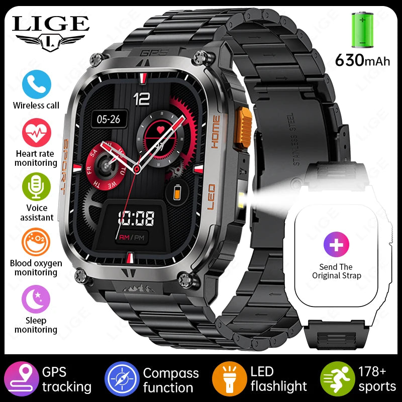 LIGE New GPS Tracking Smart Watch LED Flashlight 1.96inch HD Screen Compass BT Call Waterproof Sport Smartwatch For Android iOS