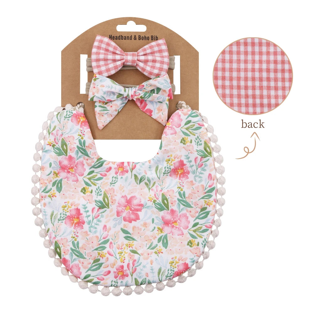 3Pcs/Set Flower Print Cotton Linen Baby Boy Girl Bibs Elastic Nylon Headband Double-Deck Saliva Towel Feeding Bandana Apron Burp
