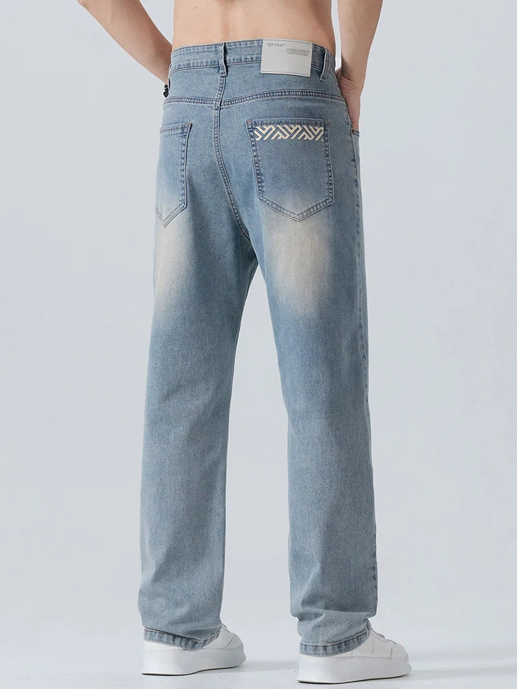 Summer Thin Men's Printed Jeans Breathable Fashion Business Loose Pants Washing Vintage Casual Denim Trousers Male