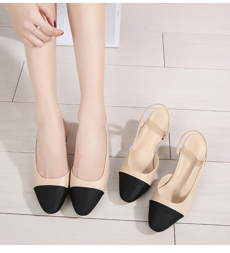 New Pointed Toe Sandals Fashion Low Square Heels Flat Shoes Korean Color Matching Party Ladies Shoes Chaussure Femme 2024