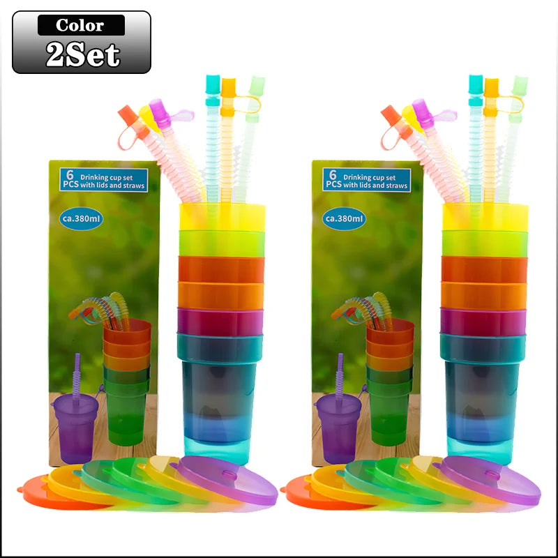 Colorful Expandable Plastic Straw Cup with Leak Proof Lid Siphon Mug for Summer Outdoor Travel Home Juice Milk Water DrinkingUse
