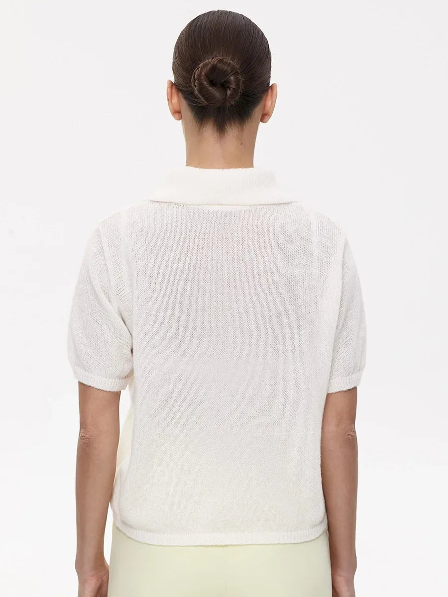 Wolfeel Summer New Polo Collar Hollow Knitted Short Sleeved Sweater Women's Bubble Sleeve T-shirt Female Simple Knitted Sweater