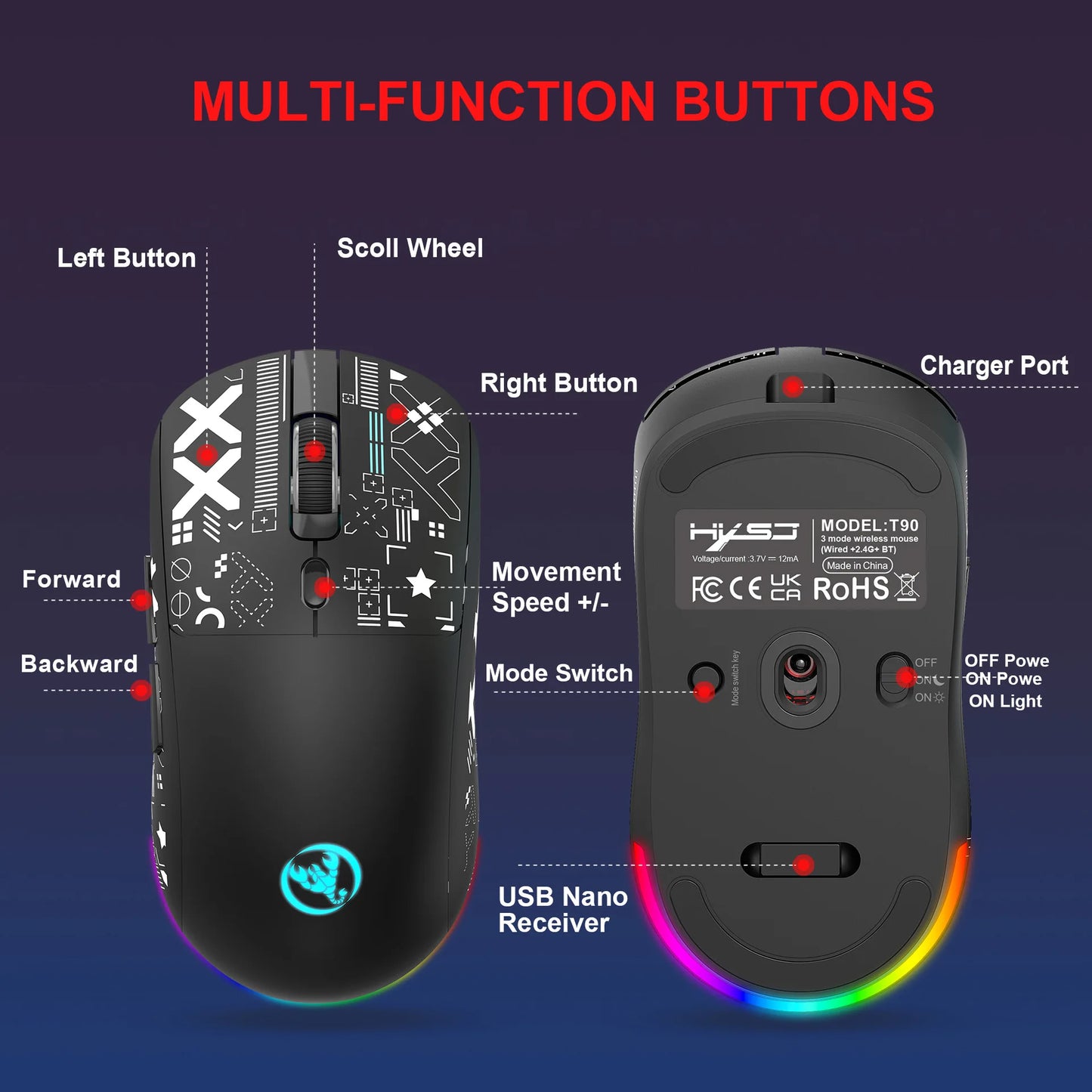 HXSJ T90 Thir-Mode wireless mouse (Wired+2.4G+BT) RGB Backlight 650mAh Gaming Mouse