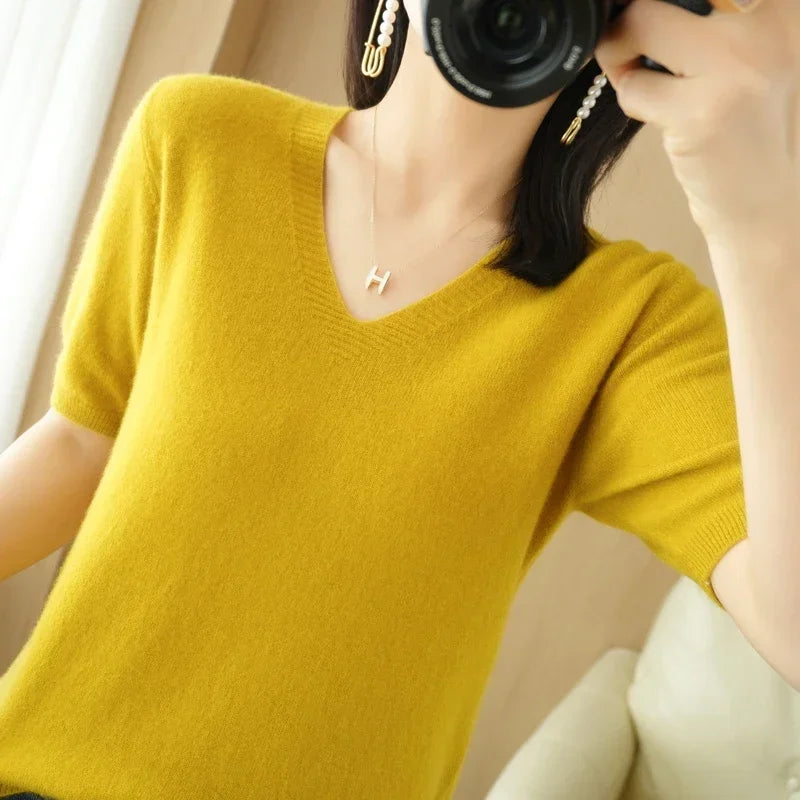Spring Summer Women Sweater Knit Tshirts V-neck Short Sleeve Knitwears Korean Fashion Pullovers Solid Bottoming Shirt Jumper