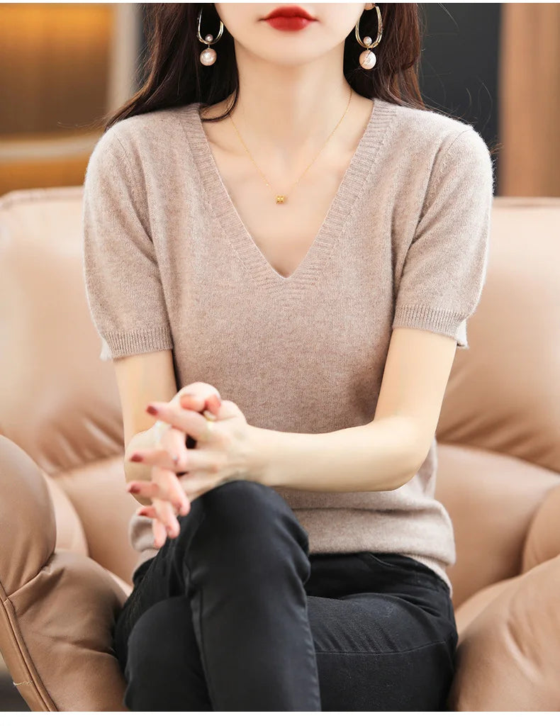 Spring Summer Women Sweater Knit Tshirts V-neck Short Sleeve Knitwears Korean Fashion Pullovers Solid Bottoming Shirt Jumper