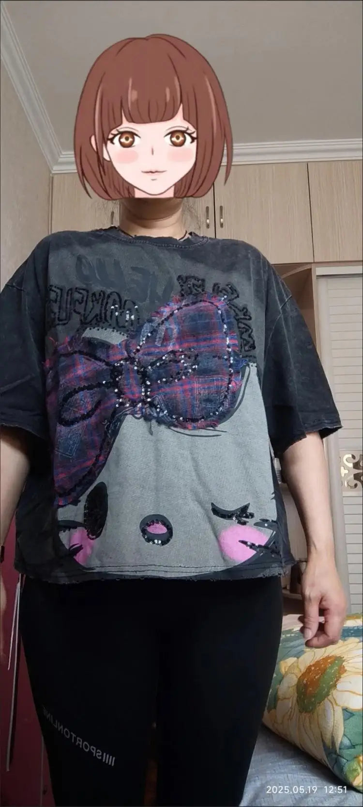 Y2K Hello Kitty Summer Girls T-Shirt Short Sleeve Anime Sanrios Cartoon Cute Sweet Cotton Women Kawaii Casual Loose Trend Tops