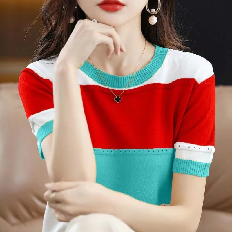 2024 Summer New Ice Silk T-shirt Short-sleeved Stripes knitted Pullover Womens Color Matching Hollow Thin Knitted Sweater Ladies