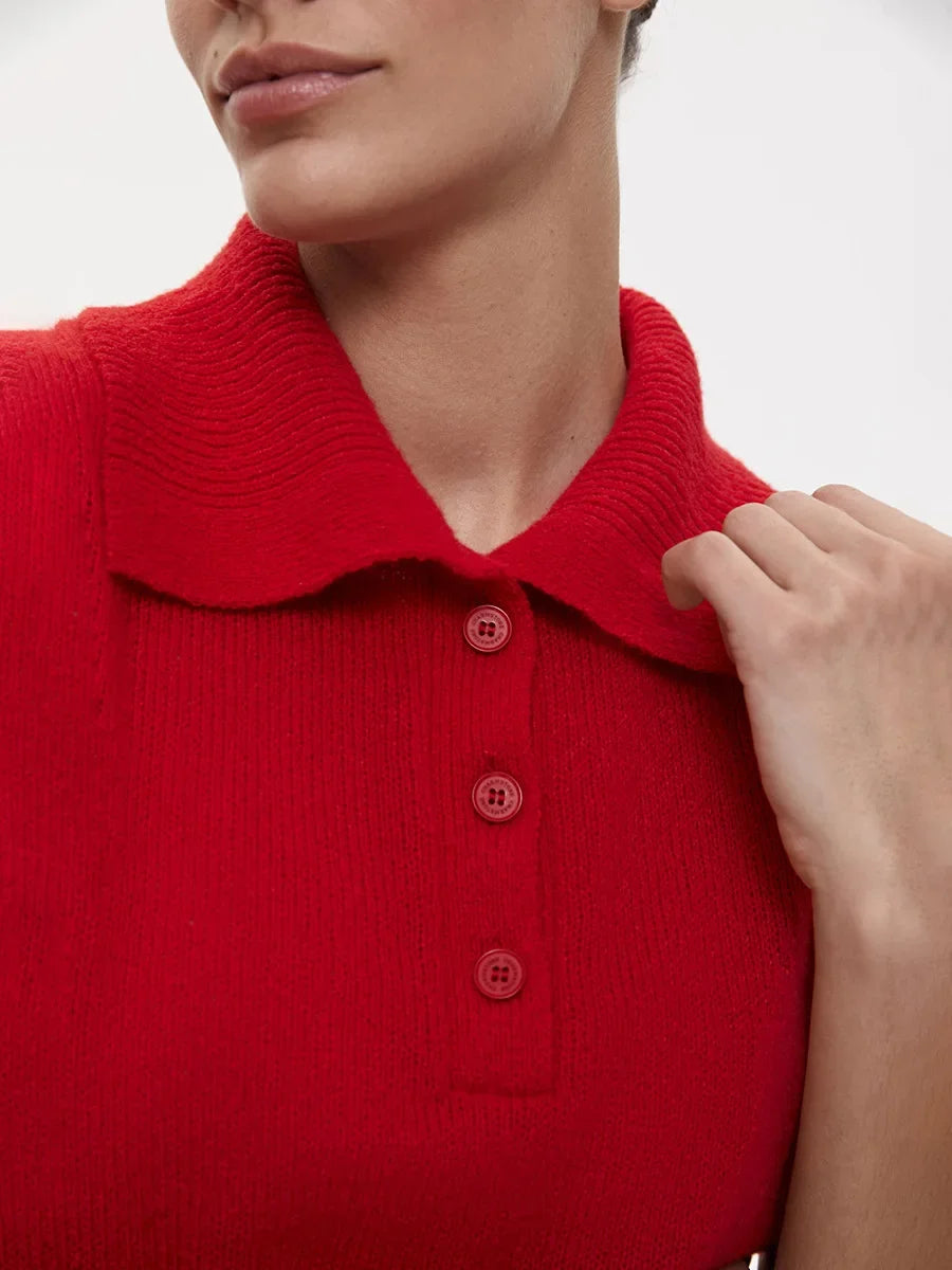 Wolfeel Summer New Polo Collar Hollow Knitted Short Sleeved Sweater Women's Bubble Sleeve T-shirt Female Simple Knitted Sweater