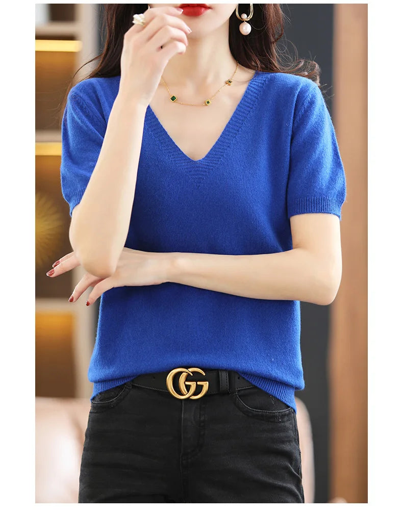 Spring Summer Women Sweater Knit Tshirts V-neck Short Sleeve Knitwears Korean Fashion Pullovers Solid Bottoming Shirt Jumper