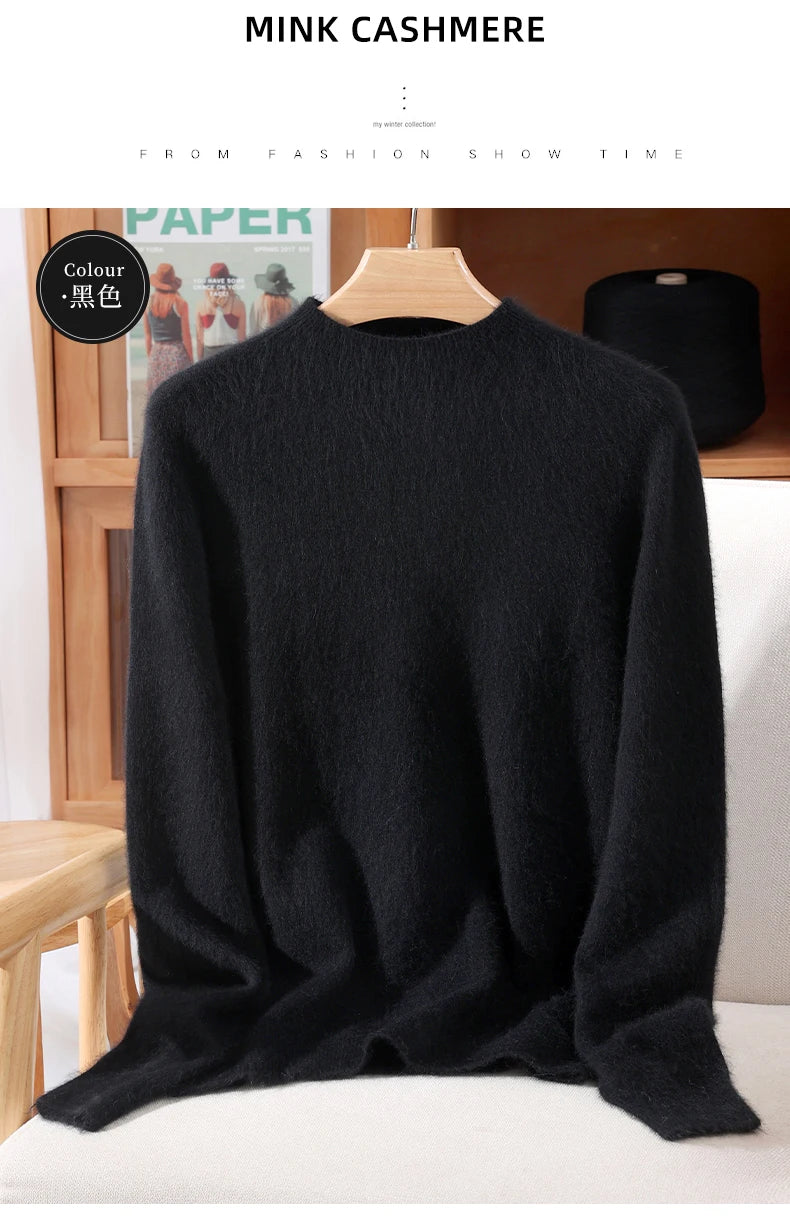 Women's Sweater Semi High Neck Autumn/Winter Pullover Long Sleeved High-End 100% Mink Fur Knitted Sweater Fashion Korean Version