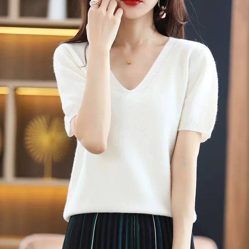 Spring Summer Women Sweater Knit Tshirts V-neck Short Sleeve Knitwears Korean Fashion Pullovers Solid Bottoming Shirt Jumper