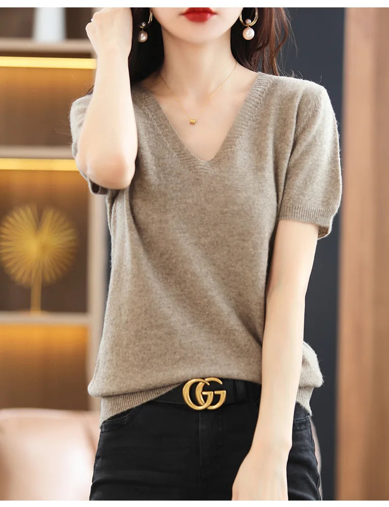 Spring Summer Women Sweater Knit Tshirts V-neck Short Sleeve Knitwears Korean Fashion Pullovers Solid Bottoming Shirt Jumper
