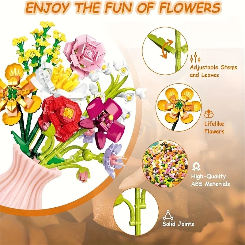 Flower Bouquet Building Set 18 Flowers Rose Sunflower Home Plant Decor, Birthday Gift for Adults Women