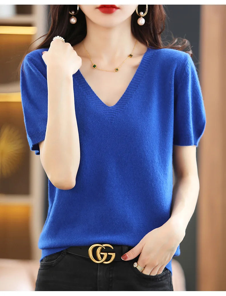 Spring Summer Women Sweater Knit Tshirts V-neck Short Sleeve Knitwears Korean Fashion Pullovers Solid Bottoming Shirt Jumper