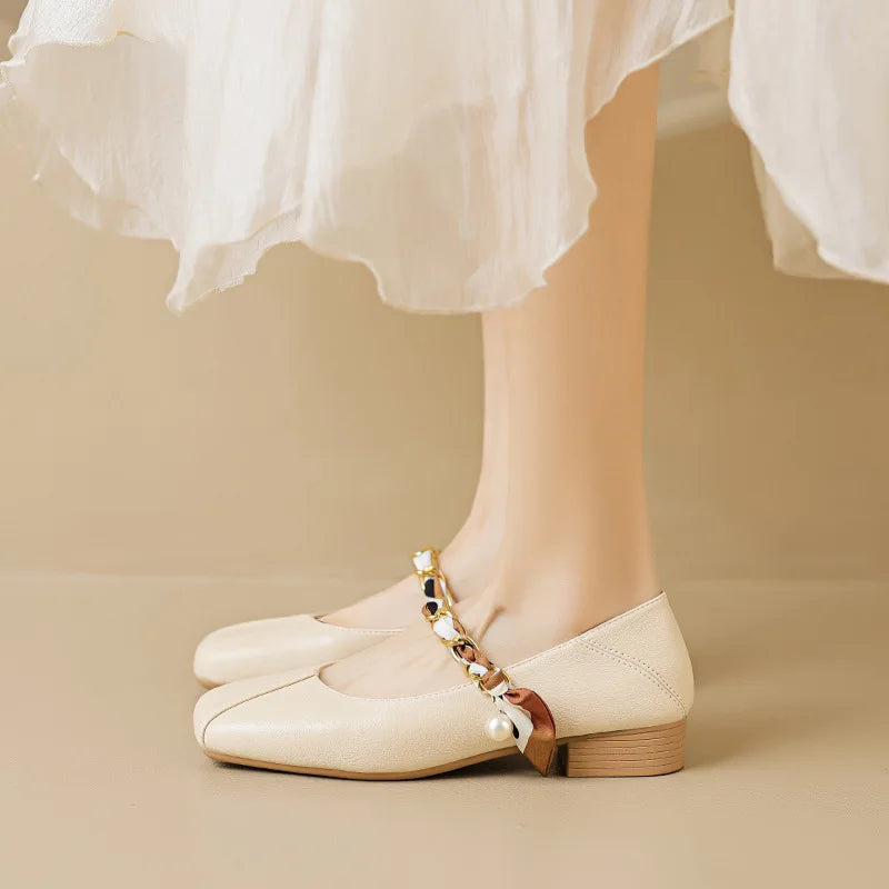 2023 spring and autumn women's shoes High heel Korean style fashion pearl design career and party wear Ladies Casual Mary Jane