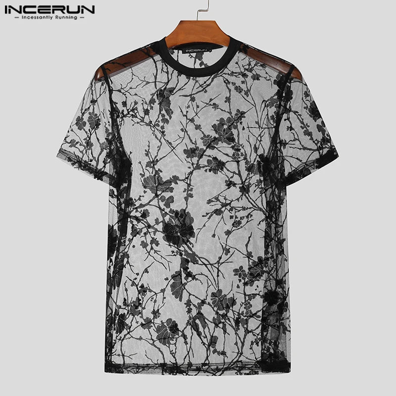 2023 Men T Shirt Mesh Striped O-neck Short Sleeve Transparent Men Clothing Streetwear Sexy Korean Fashion Tee Tops S-5XL INCERUN