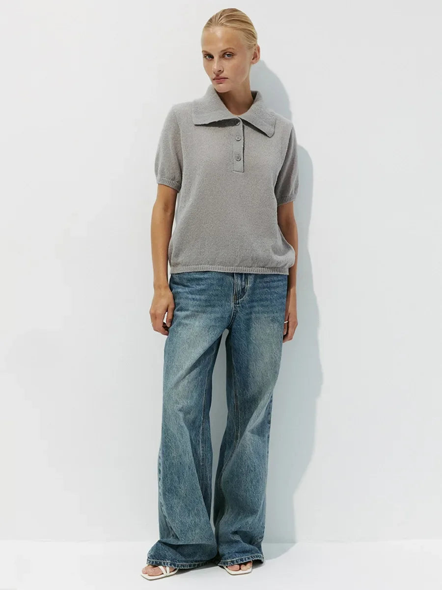 Wolfeel Summer New Polo Collar Hollow Knitted Short Sleeved Sweater Women's Bubble Sleeve T-shirt Female Simple Knitted Sweater