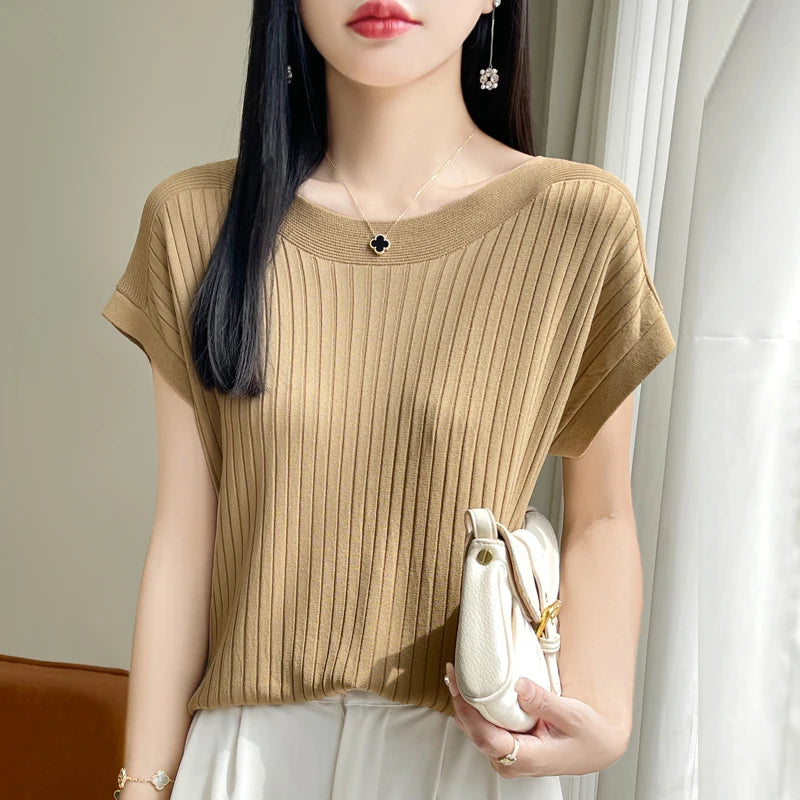 2025 Fashion Slash Neck Women Sweater Ice Silk Spring Summer Knitted Sweater Loose Casual Korean Shirts Short Sleeve Knitwears