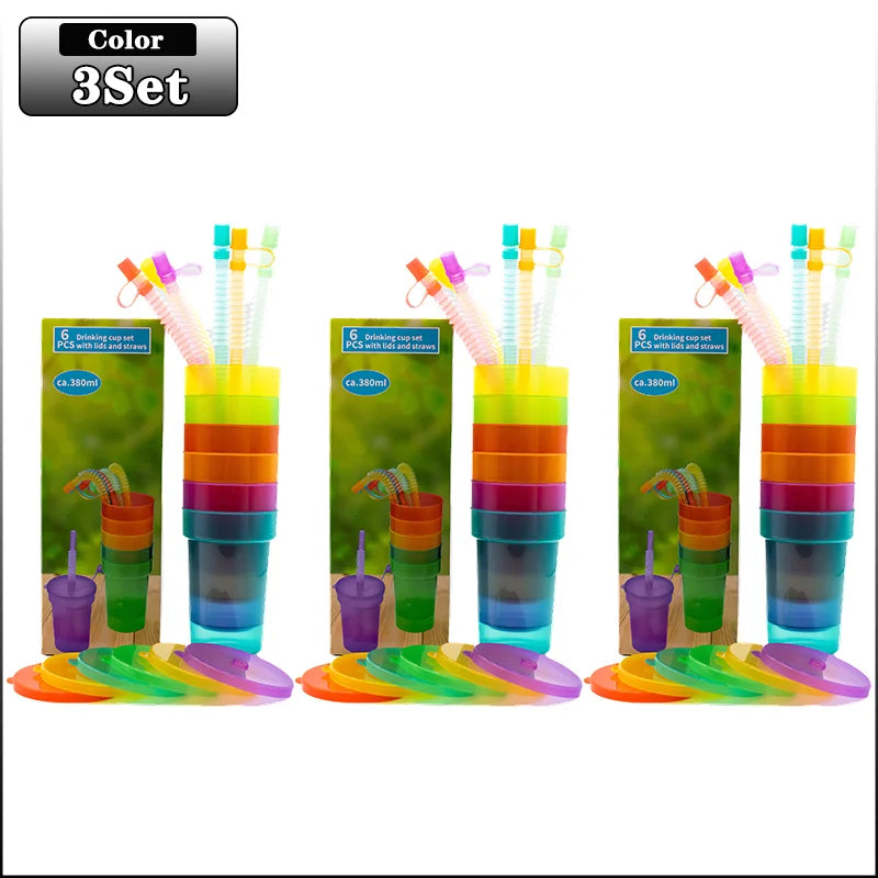 Colorful Expandable Plastic Straw Cup with Leak Proof Lid Siphon Mug for Summer Outdoor Travel Home Juice Milk Water DrinkingUse