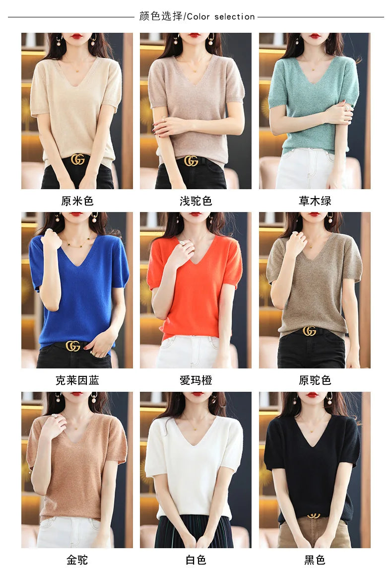 Spring Summer Women Sweater Knit Tshirts V-neck Short Sleeve Knitwears Korean Fashion Pullovers Solid Bottoming Shirt Jumper