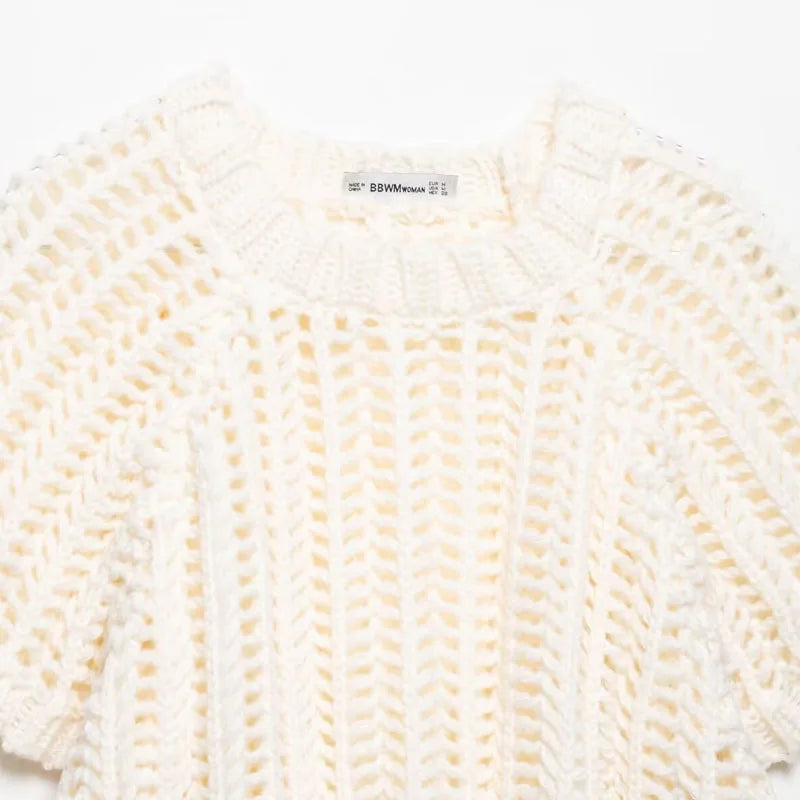 Female Clothing Cropped Net Sweater Cardigan For Women Korean Fashion Summer Knit Short Sleeve Cute Elegant Woman Crochet Top