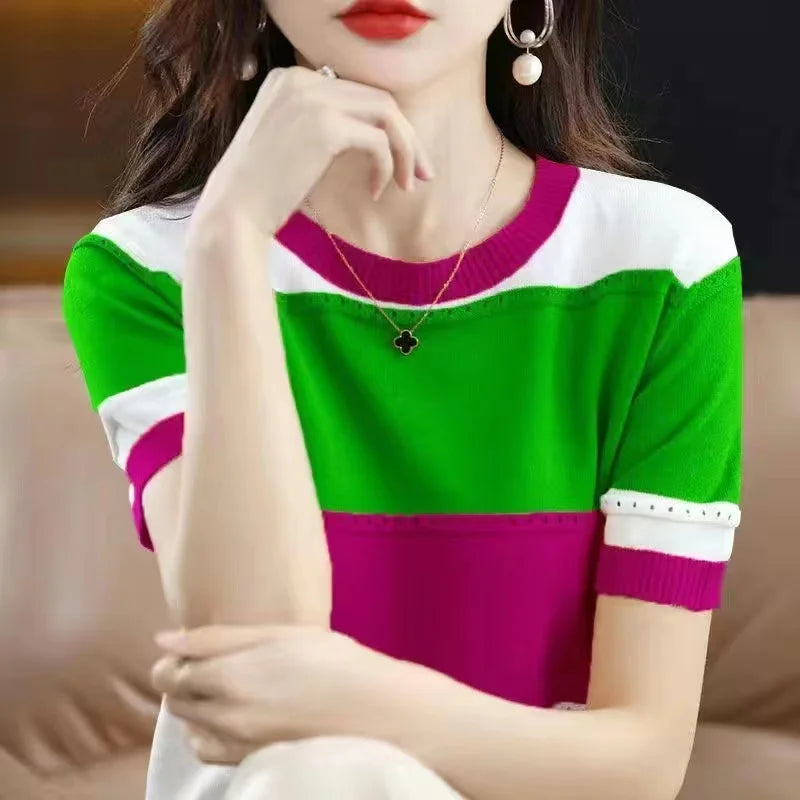 2024 Summer New Ice Silk T-shirt Short-sleeved Stripes knitted Pullover Womens Color Matching Hollow Thin Knitted Sweater Ladies