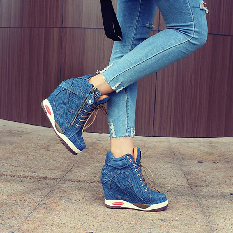 Women's Denim Wedges high top sneakers Platform Casual Fashion Woman Zipper Vulcanized Shoes Thick Bottom Big Size 41