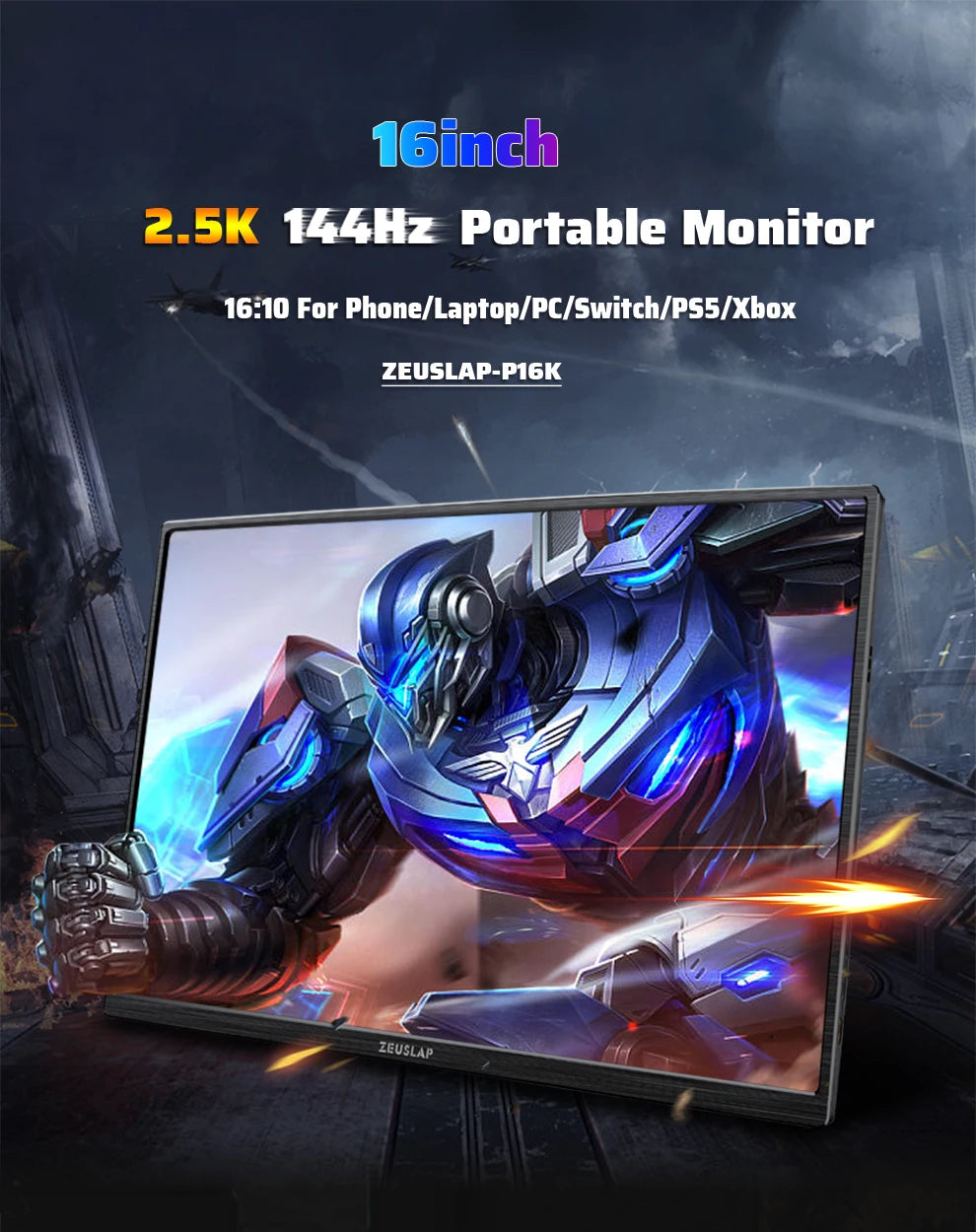 ZEUSLAP 16" 2.5K 144hz Portable Monitor 2560*1600 16:10 100%sRGB 500Cd/m² Travel Gaming Display for Laptop Switch ps4 ps5 Xbox