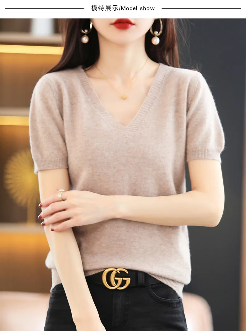 Spring Summer Women Sweater Knit Tshirts V-neck Short Sleeve Knitwears Korean Fashion Pullovers Solid Bottoming Shirt Jumper