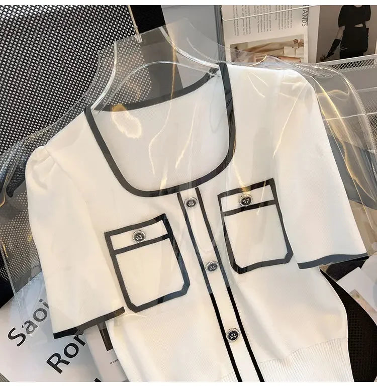 Summer Sweater Women's Knit T-shirt Casual Short Sleeve Woman Clothes Versatile Square Collar Lady Pullover Knitwear Tops Jumper