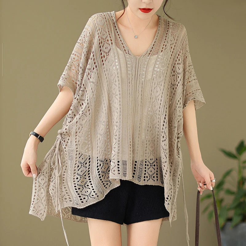 Sheer Crochet Cover Up Tucnic Tops for Women Drawstring Side Openwork Knit Pullover Summer Coverups Boho Beach Vacation Outfit