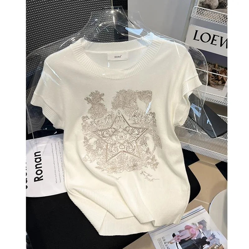 2024 Summer Embroidery Korean Fashion Knit Sweater Vest Women Vintage Sleeveless Round Neck Pullover Top Ladies Women's Sweaters