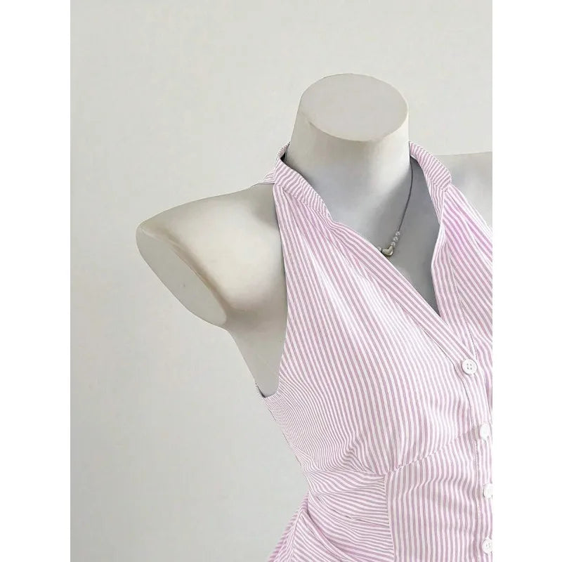 2025 Sexy Fashion Causal Stripe V Neck Sleeveless Holiday Design Plaid Skinny Halter Women Tank Chic Holiday Streetwear Tanks