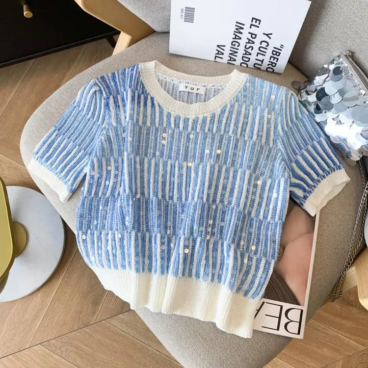 Summer Women's Sweater Sequins Striped Slim Knit Pullovers T-shirts Crop Tops Stylish Chic Fashion Short Sleeve O-neck Jumpers