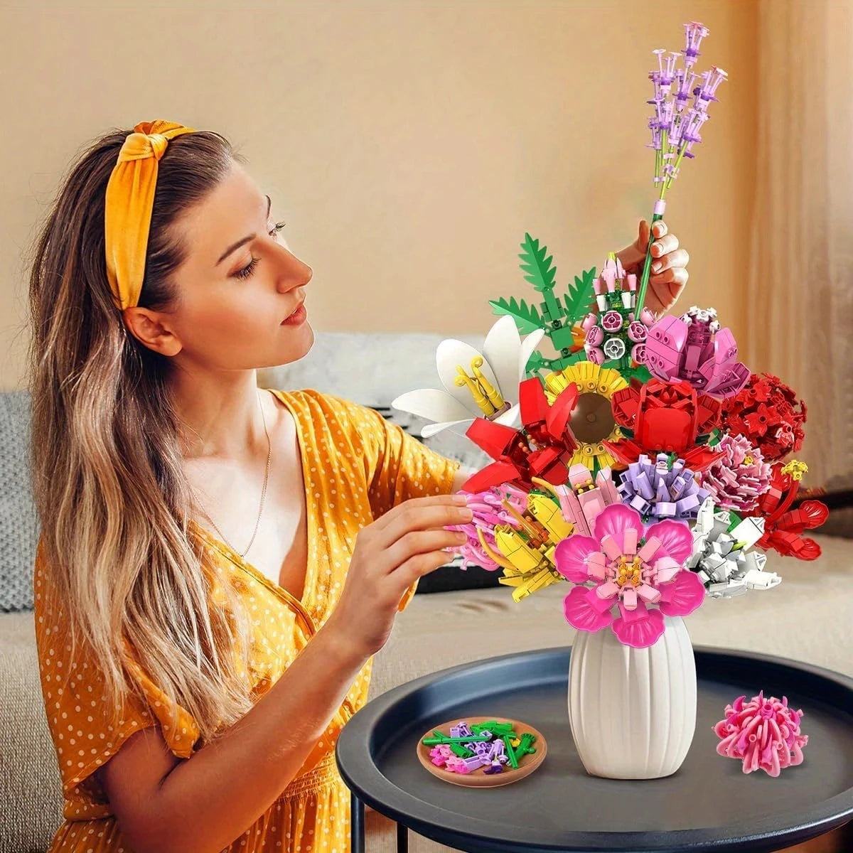 Flower Bouquet Building Set 18 Flowers Rose Sunflower Home Plant Decor, Birthday Gift for Adults Women