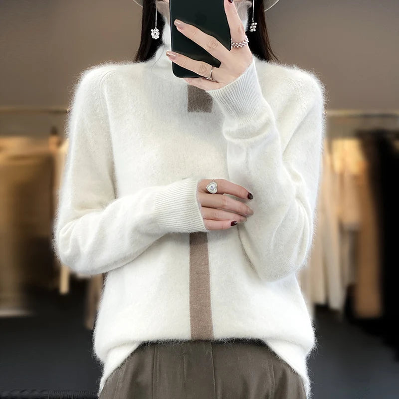 RONGYI 100% Mink Cashmere Women's Turtleneck Pullover Knitted Color Matching Fashion Casual Coat Autumn And Winter Hot Top