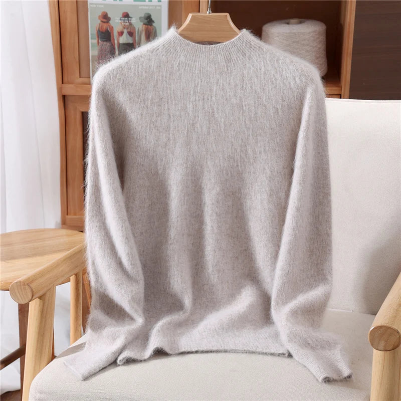 Women's Sweater Semi High Neck Autumn/Winter Pullover Long Sleeved High-End 100% Mink Fur Knitted Sweater Fashion Korean Version