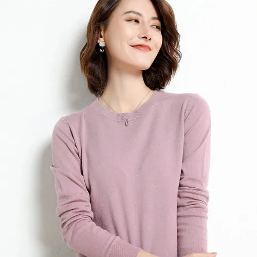 Women Merino Wool Sweater O-Neck Pullover Spring Autumn Long Sleeve Knitwear Slim Solid Color Fashion Bottoming Clothing Tops
