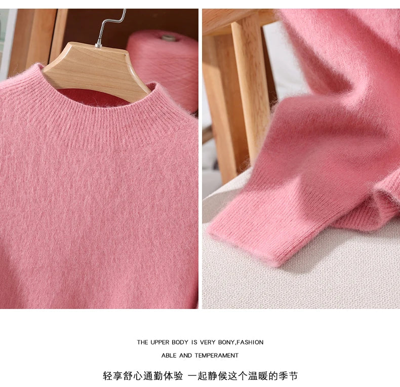 Women's Sweater Semi High Neck Autumn/Winter Pullover Long Sleeved High-End 100% Mink Fur Knitted Sweater Fashion Korean Version