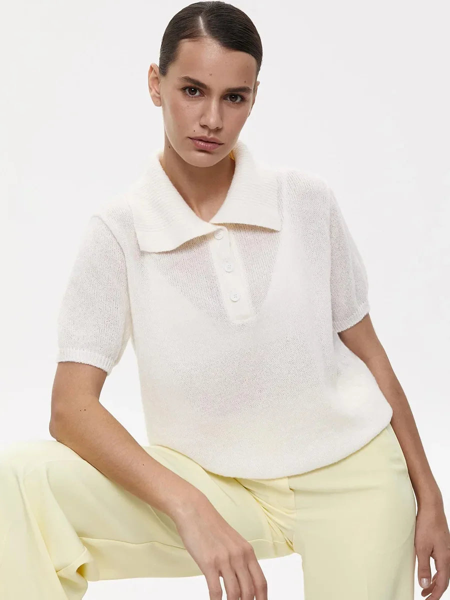 Wolfeel Summer New Polo Collar Hollow Knitted Short Sleeved Sweater Women's Bubble Sleeve T-shirt Female Simple Knitted Sweater
