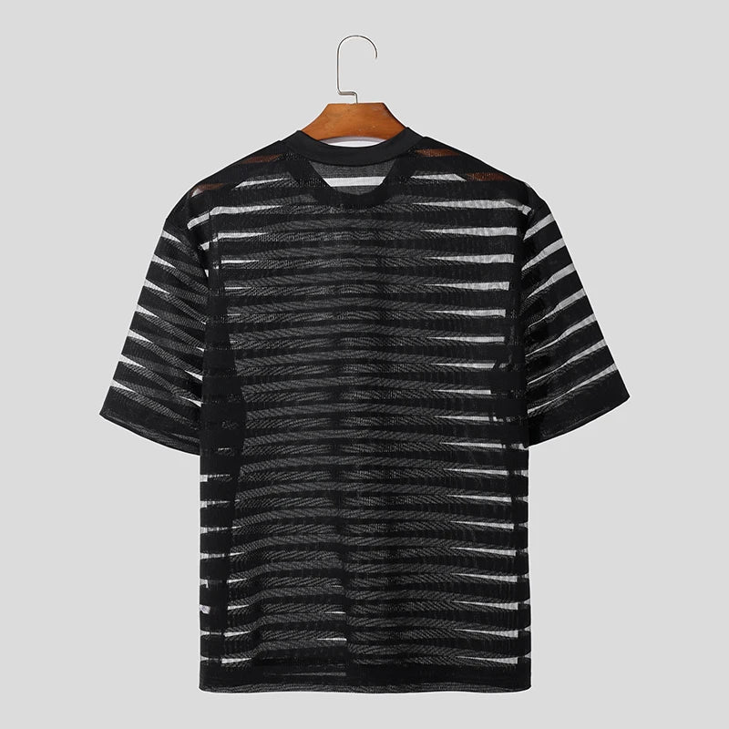 2023 Men T Shirt Mesh Striped O-neck Short Sleeve Transparent Men Clothing Streetwear Sexy Korean Fashion Tee Tops S-5XL INCERUN