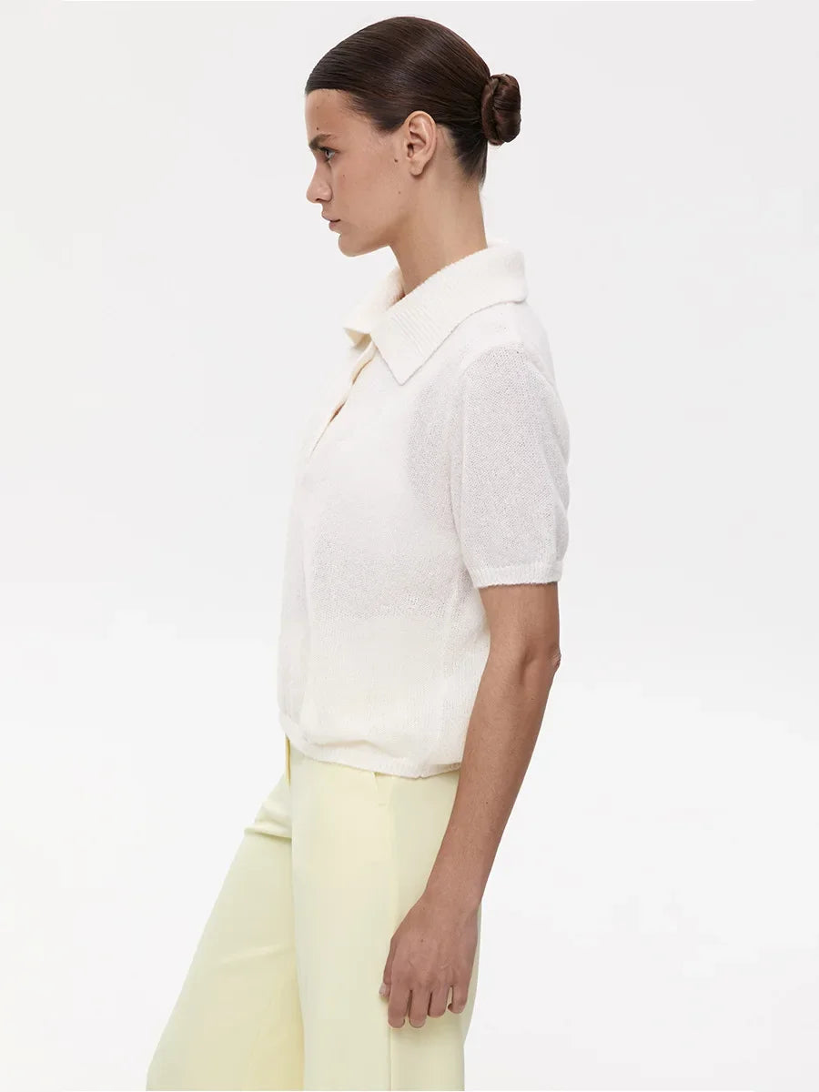 Wolfeel Summer New Polo Collar Hollow Knitted Short Sleeved Sweater Women's Bubble Sleeve T-shirt Female Simple Knitted Sweater