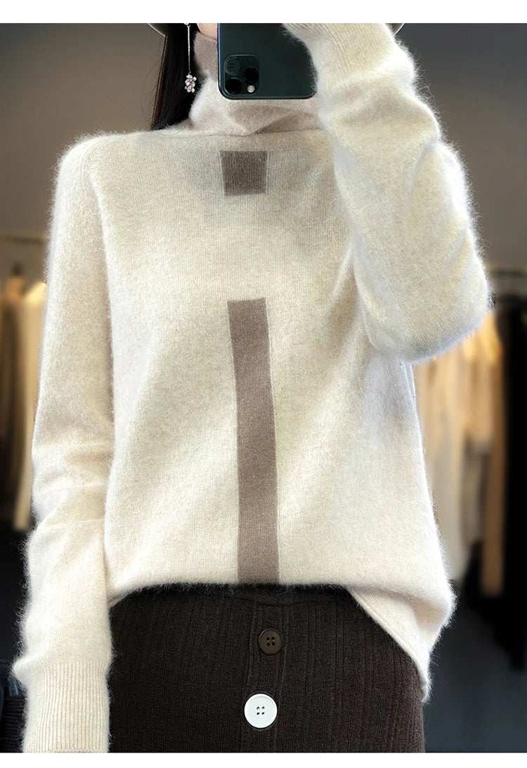 RONGYI 100% Mink Cashmere Women's Turtleneck Pullover Knitted Color Matching Fashion Casual Coat Autumn And Winter Hot Top