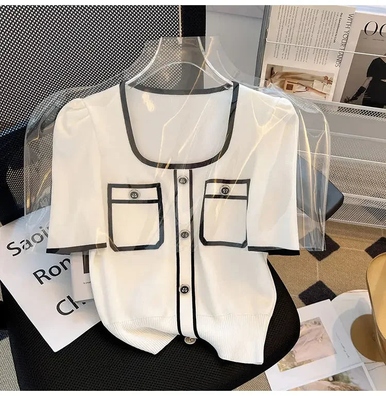 Summer Sweater Women's Knit T-shirt Casual Short Sleeve Woman Clothes Versatile Square Collar Lady Pullover Knitwear Tops Jumper