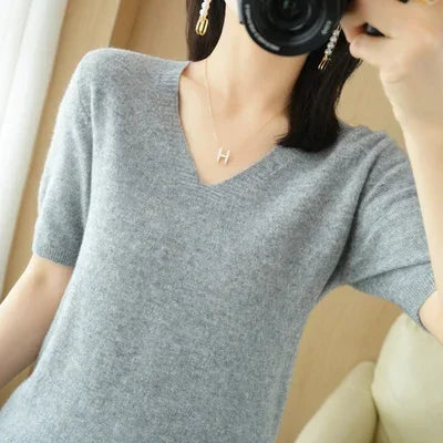 Spring Summer Women Sweater Knit Tshirts V-neck Short Sleeve Knitwears Korean Fashion Pullovers Solid Bottoming Shirt Jumper